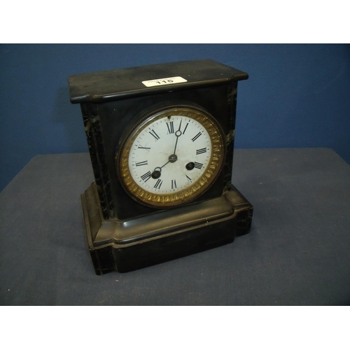115 - Late third quarter of the 19th C slate and marble striking mantel clock, with white enamel dial and ... 