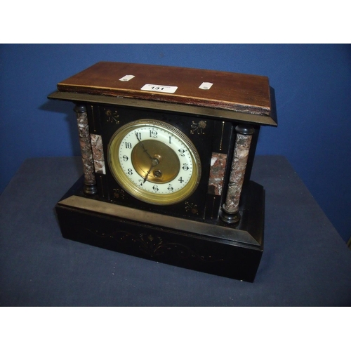 131 - Late 19th C slate and variegated marble mantel time piece movement, stamped with makers mark and num... 