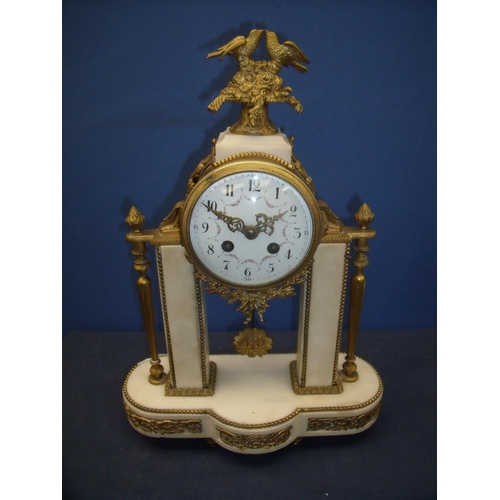 134 - Third quarter of 19th C French white marble and gilt brass Portico clock, the movement case surmount... 