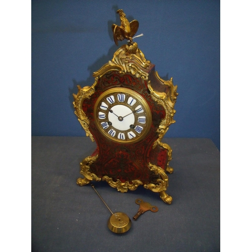 135 - Late 19th C tortoiseshell and bulle work striking mantel clock, gilt work dial with inset enamel rom... 