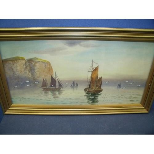 203 - Framed and mounted watercolour of sailing boats in calm waters signed H B Davis 1920 (58cm x 32cm in... 