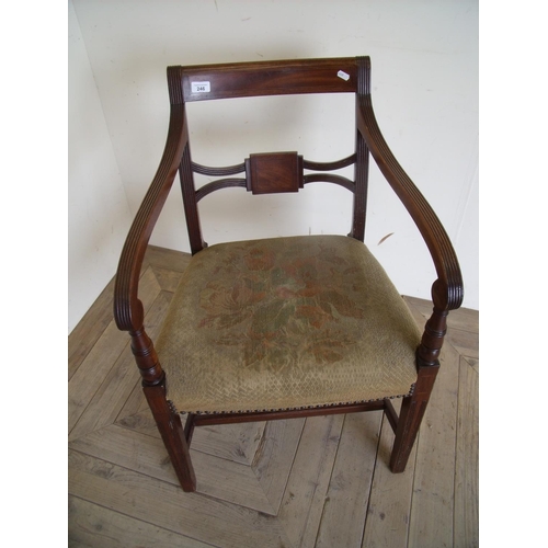 246 - 19th C mahogany armchair with inlaid ebony and box work detail, on square tapering supports and H sh... 