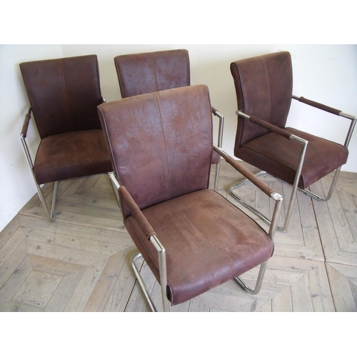 247 - Set of four modern design brown suede and chrome framed dining chairs