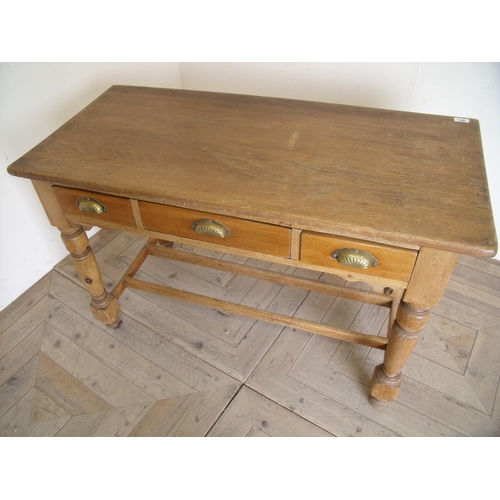 248 - Victorian pine drop-leaf three drawer side table with double H shaped under stretcher and turned sup... 