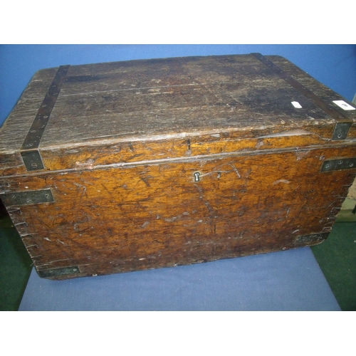 40 - Late 19th C oak rectangular box with hinged lid and metalwork strapping, with inset brass carry hand... 