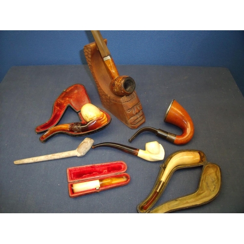 52 - Collection of various assorted pipes including two cased Meerschaum type pipes one in the form of a ... 