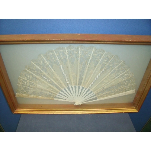 56 - Gilt framed and mounted 19th/20th C Chinese silk work fan with carved ivory spines (73cm x 43cm x 7c... 