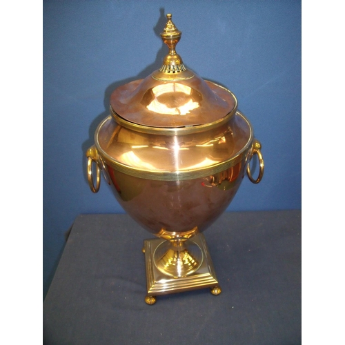 61 - Late 19th C copper Samovar hot water urn with blanked off tap section, on stepped square base (50cm ... 