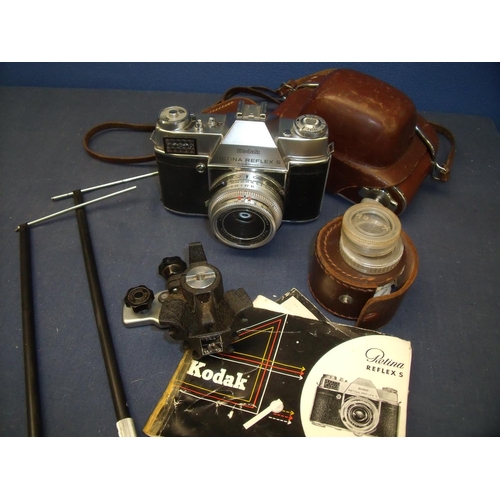 63 - Late 1950's Kodak Retina Reflex S C/W 50mm F2.8 Ysarex with Ever Ready case, Kodak copy stand and va... 