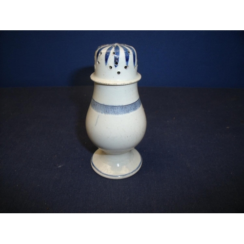 9 - 18th C blue and white pearlware pounce pot with bulbous body and circular base (10.5cm high) (minor ... 