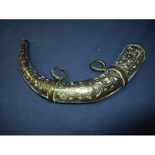 29 - Circa 1900 curved brass powder horn with engraved detail (overall length 48cm)