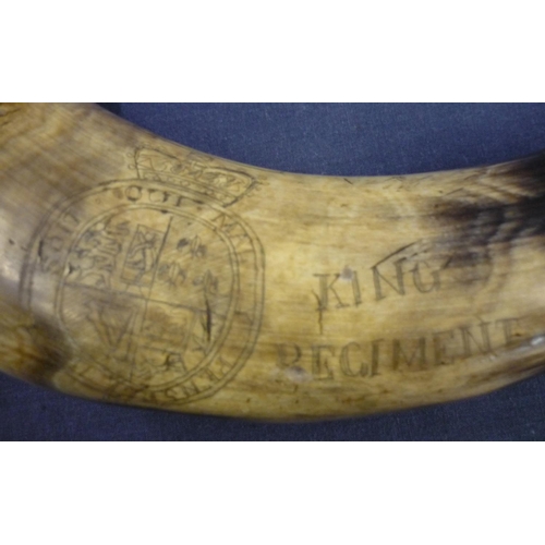 119 - Mid - late 18th C Infantryman's  powder horn inscribed '52FT for King and Regiment' surrounded by Ki... 