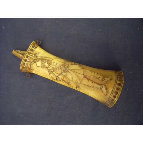 118 - 18th C continental carved bone powder flask depicting a figure of an archer, with tassel to the rear... 