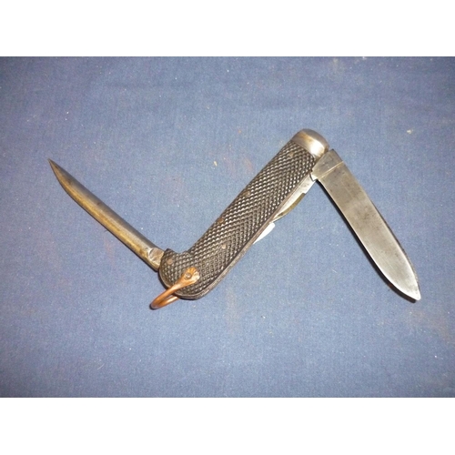 13 - Large British military style jack knife with spike, main blade and short blade marked 'J Clarke & So... 