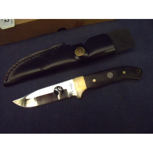 202 - Boxed as new Elk Ridge sheath knife with 3 1/2 inch blade ER-010, with two piece wooden grips and le... 