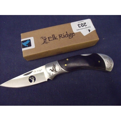 203 - Boxed as new Elk Ridge custom design ER-539 folding 3 inch bladed pocket knife, with two piece woode... 