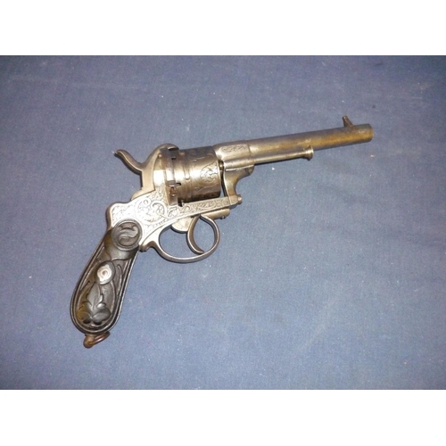 286 - E. Lefaucheux Brevete six shot pin fire revolver with 5 1/2 inch barrel, engraved scrollwork and flo... 