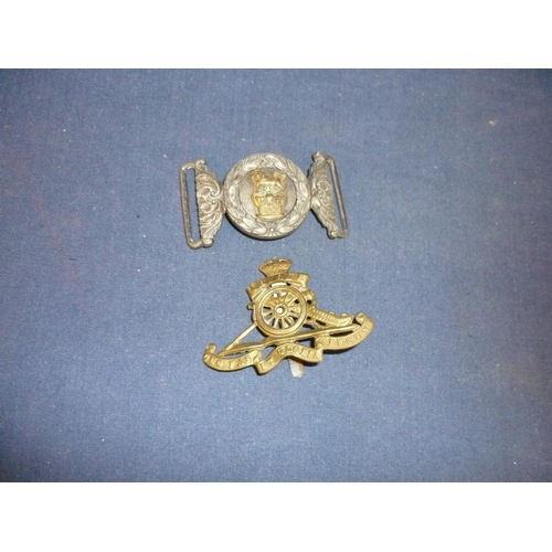 50 - Victorian officers white metal dress buckle with central gilt lion & crown, and a Royal Artillery ca... 