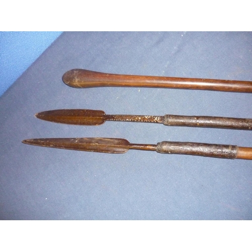 60 - Collection of 19th C African tribal type weapons including a Knobkerrie style stick with swollen end... 