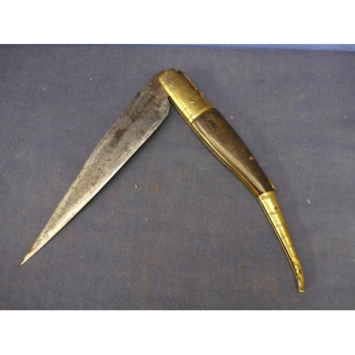 9 - 19th C Spanish Navaja knife with 8 1/4 inch folding blade, brass mounts and two piece wooden grips