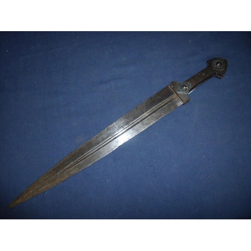33 - 19th C Indo-Persian dagger with 13 1/4 inch double edged single fullard blade with two piece horn (p... 