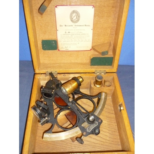 52 - Oak cased Hezzanith sextant with calibration certificate 1943, in fitted oak travelling case with br... 