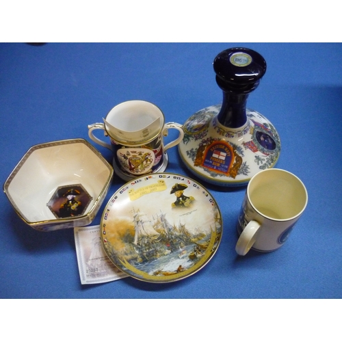 45 - Selection of various naval commemorative ceramics including British Navy Pursers Rum ships decanter ... 