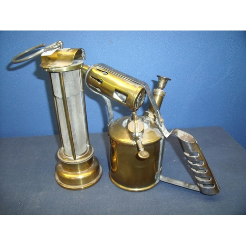 496 - Welsh brass and meshwork miners style lamp and a Bladon of Birmingham brass blow torch (2)