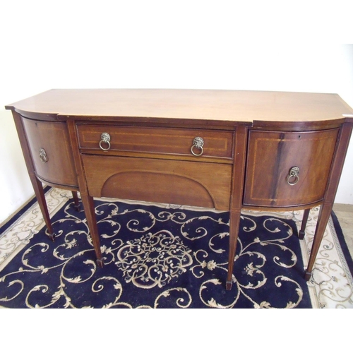 502 - 19th C mahogany inlaid and cross banded break front serving table with single drawer with lion mask ... 