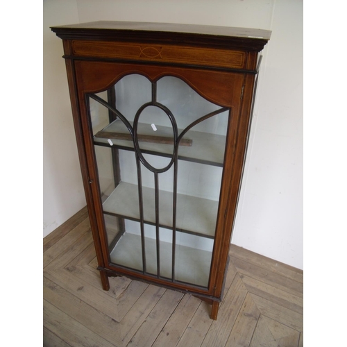 504 - Edwardian mahogany inlaid two tier display cabinet enclosed by single glazed door (68cm x 31cm x 131... 