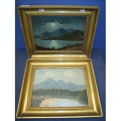 512 - Pair of Edwardian oil on board paintings of mountainous landscape scenes, in gilt frames (40cm x 33c... 