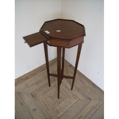 515 - 19th C mahogany octagonal candle table with pull out slide, X shaped under stretcher and square tape... 