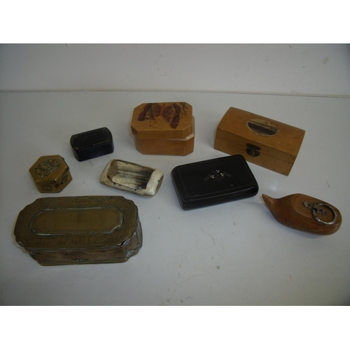 21 - Selection of various assorted snuff and other boxes, including 19th C brass rectangular box, another... 