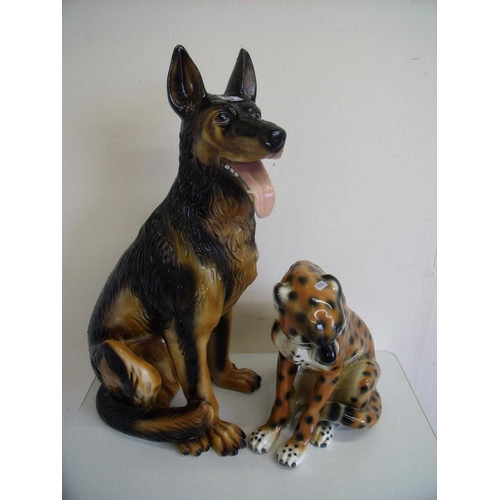 29 - Extremely large ceramic figure of a German Shepherd (height 76cm) and another of a leopard (2)