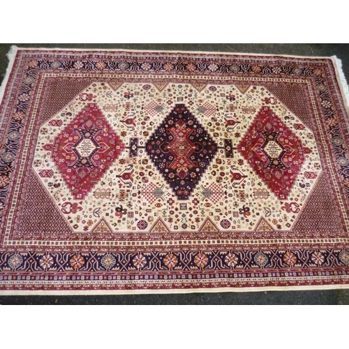 304 - Traditional pattern blue and fawn ground silk style rug with three central medallions (270cm x 200cm... 