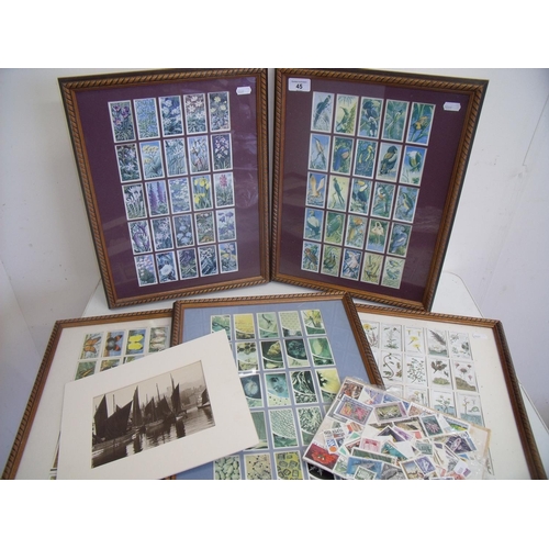 45 - Set of five framed and mounted cigarette cards depicting birds, flowers, butterflies etc and a selec... 