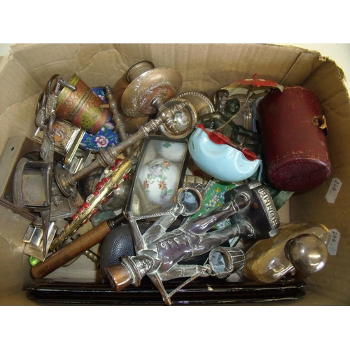 77 - Box of various assorted collectable items including brass ware, souvenir daggers, silver plated figu... 