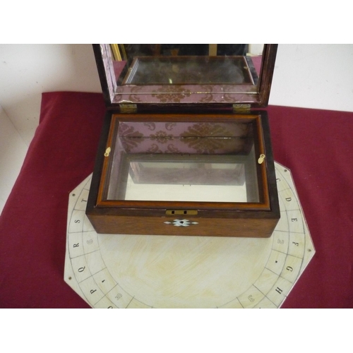 81 - Mahogany Mother of Pearl inlaid box with mirrored interior & glazed compartments and a game board (2... 