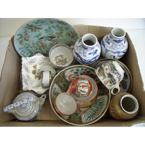 83 - Box of various Chinese, Japanese and Oriental ceramics, including a pair of blue & white vases with ... 