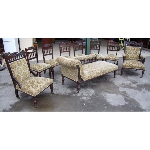372 - Late Victorian walnut nine piece drawing room suite comprising chaise longue ladies and gentlemen's ... 