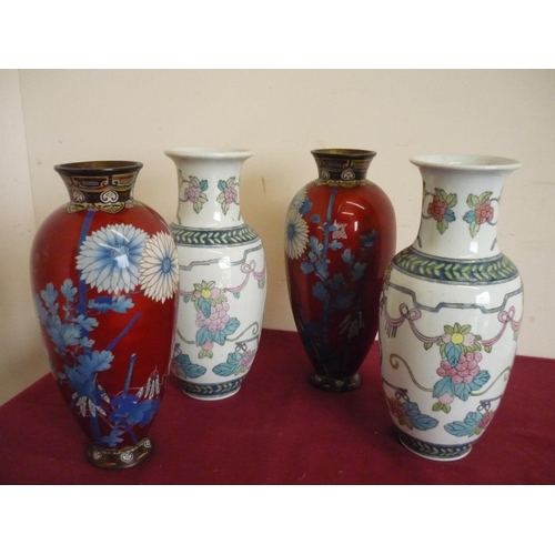 75 - Pair of Japanese enamel type vases (A/F) and a pair of ceramic vases (approx height 30cm)