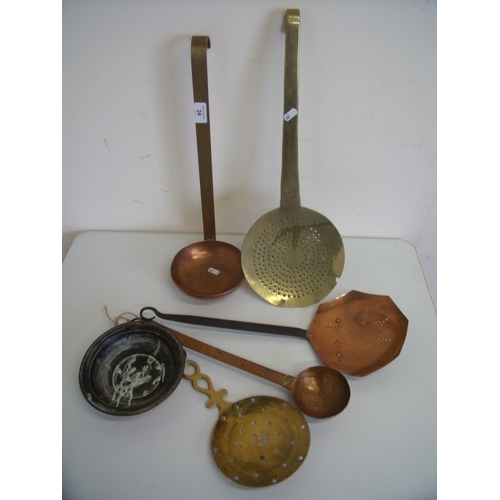 24 - 19th C brass skillet, copper skillet and four other pieces of decorative brassware