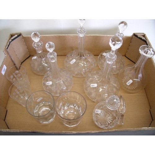 36 - Set of five long necked cut glass decanters, two other decanters, two glasses and a pair of large he... 