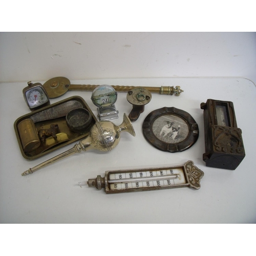 35 - Box of various assorted collectable items including barometers, thermometers, shoehorns, brass hinge... 