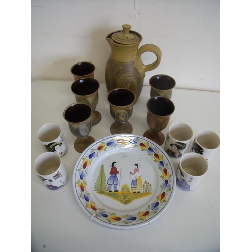 70 - Alvingham pottery jug and six goblet set, five Japanese ceramic beakers and a Quimper of France HB H... 