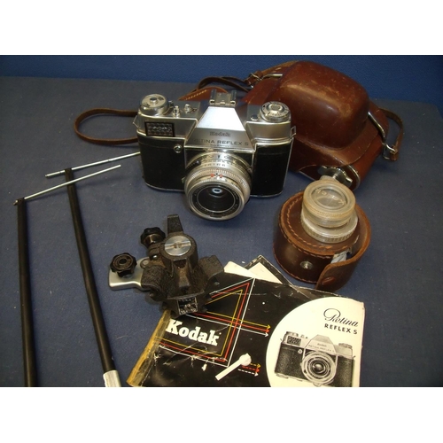 75 - Late 1950's Kodak Retina Reflex S C/W 50mm F2.8 Ysarex with Ever Ready case, Kodak copy stand and va... 