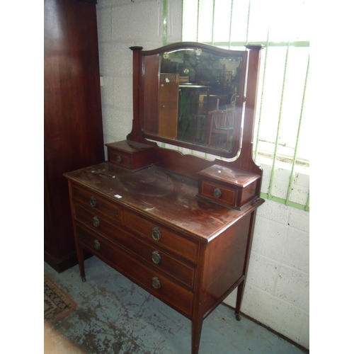 285 - Edwardian mahogany inlaid dressing table, shaped bevelled edge swing mirror over two trinket drawers... 