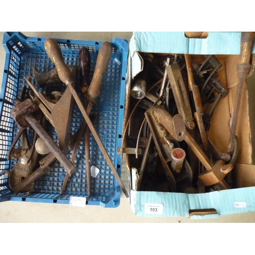 103 - Two boxes containing a quantity of vintage wood working tools, planes etc and some rail track