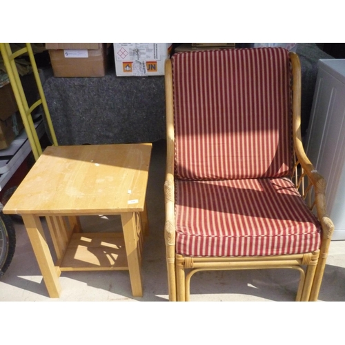 112 - Bamboo conservatory chair with cushions and a pine table