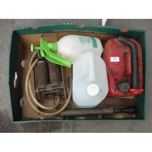 117 - Box containing a twin foot pump, metal petrol can, weed killer sprayer and a vintage weed sprayer